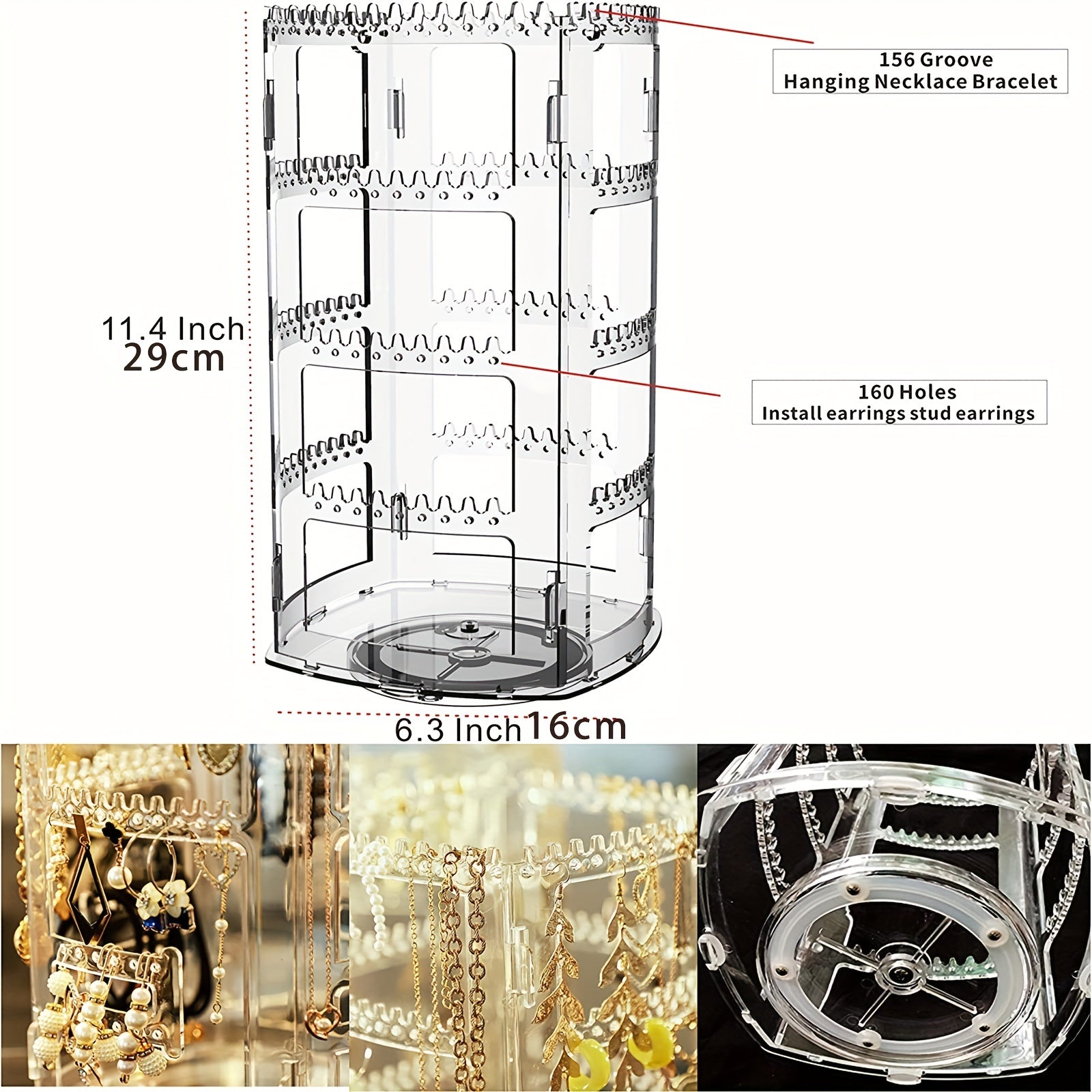 360 Degree Rotating Jewelry Organizer Earring Holder Clear Jewelry Display Rack