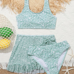 Girl's Floral Bikini Swimsuit Set Tank Top & Frilled Trim Mini Skirt Beachwear