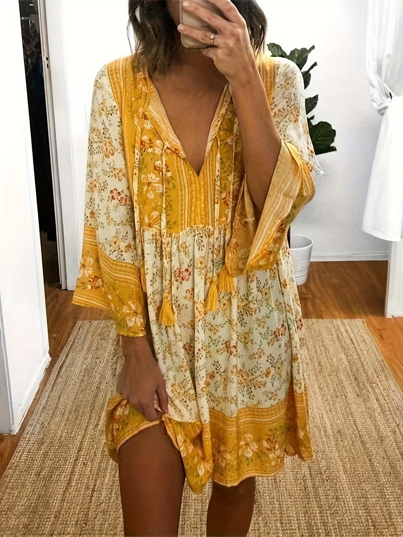 Floral Print Drawstring Dress Vintage V Neck Ruffle Trim Midi Dress