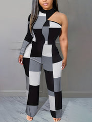Plus Size Colorblock Grid Print One Shoulder Jumpsuit