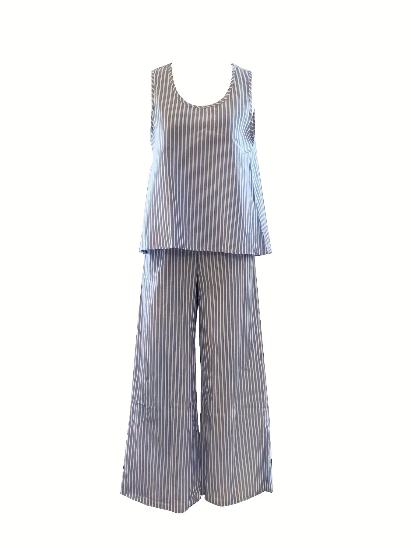 Stripe Print Two piece Set Crew Neck Tank Top & Wide Leg Pants