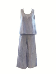 Stripe Print Two piece Set Crew Neck Tank Top & Wide Leg Pants