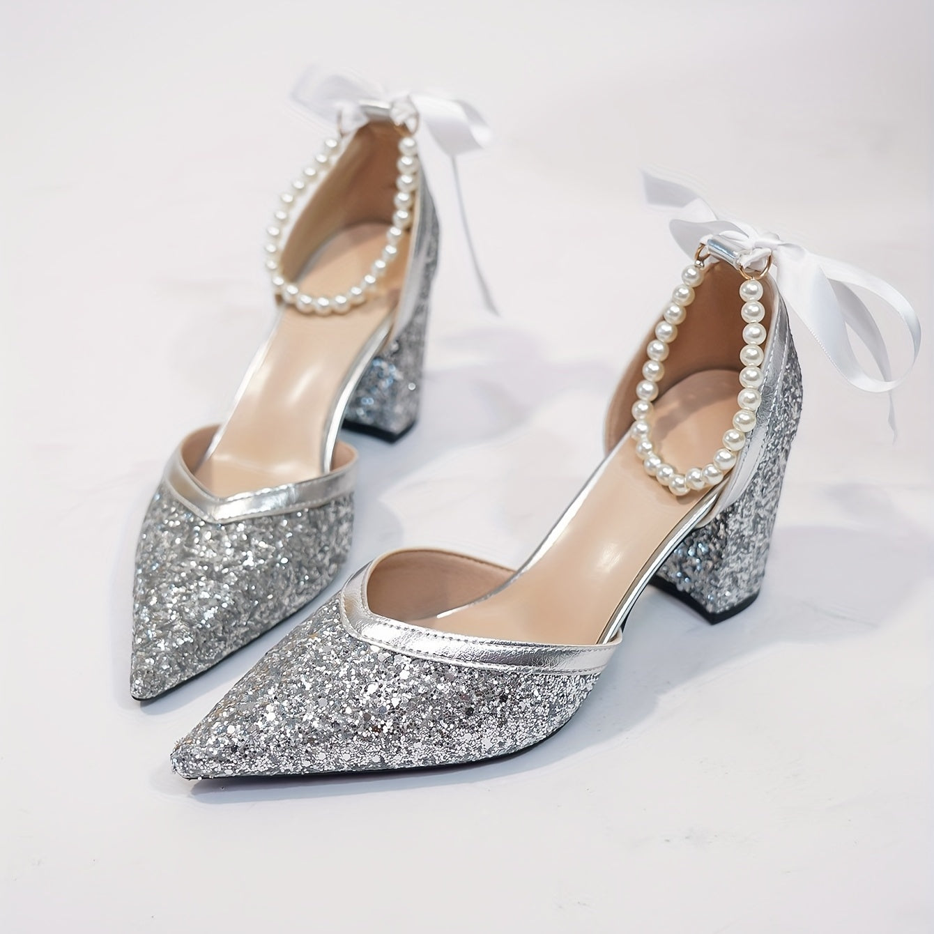 Pearl Ankle Strap Pumps Chunky Heels Glitter Summer Shoes