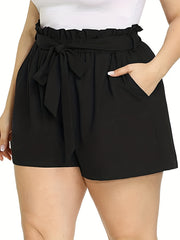Sporty Shorts Women's Plus High Waist Stretchy Belted Paperbag