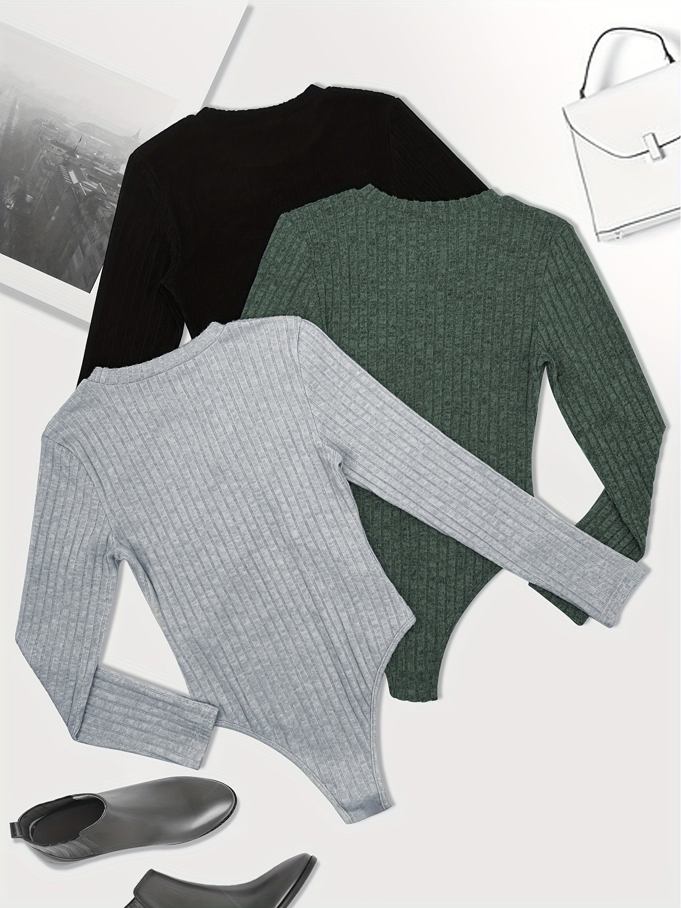 3 Pack Plus Size Ribbed Long Sleeve Round Neck Bodysuit Set
