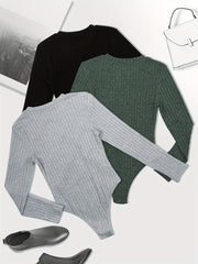 3 Pack Plus Size Ribbed Long Sleeve Round Neck Bodysuit Set