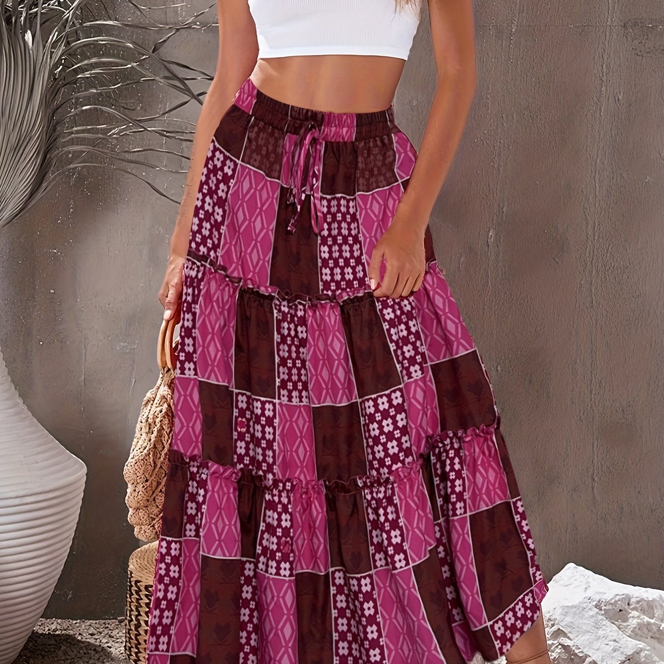 Boho Colorblock Drawstring Skirt for Women