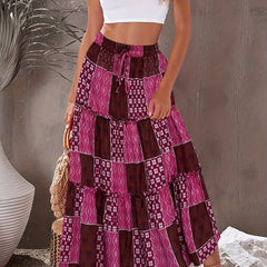 Boho Colorblock Drawstring Skirt for Women