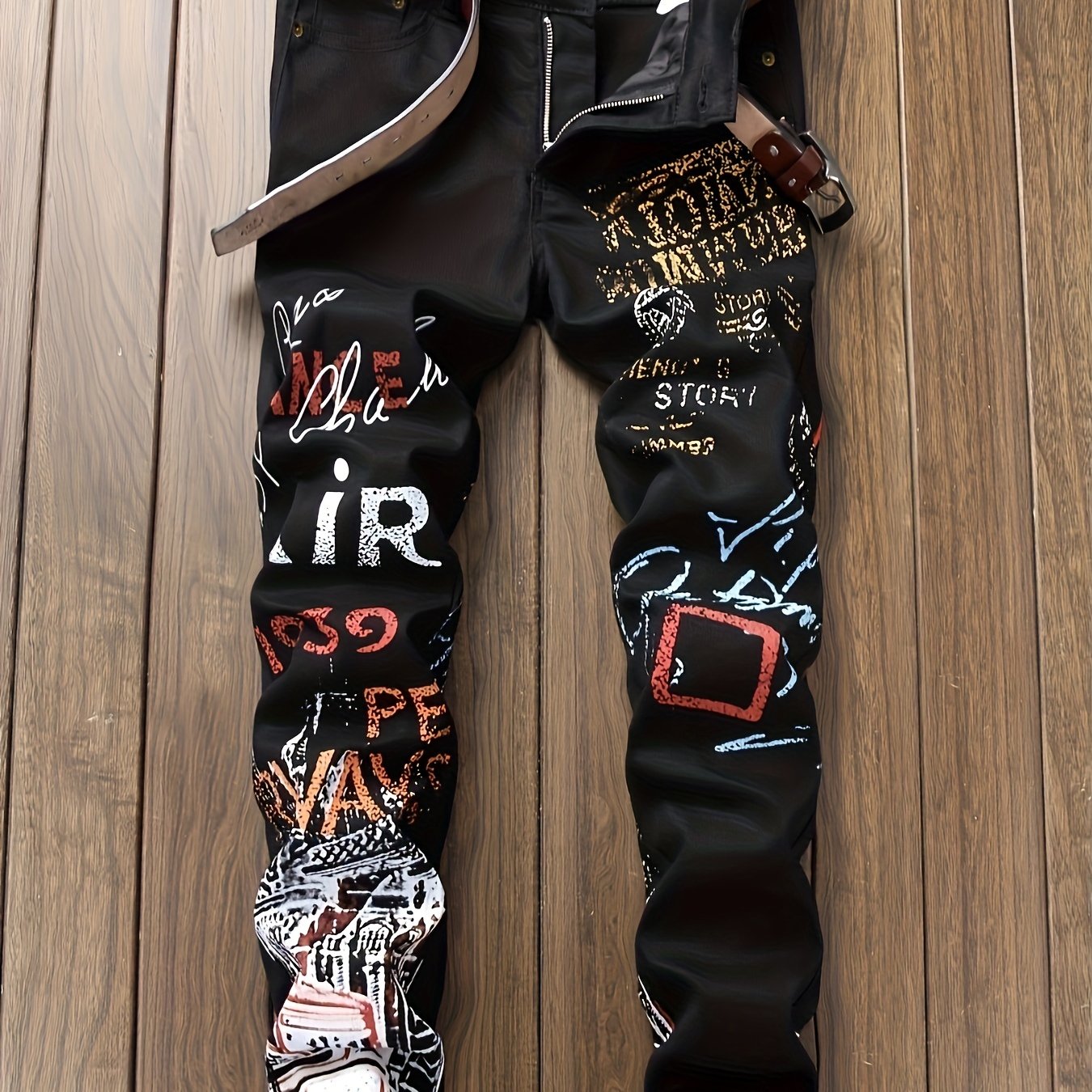 Graffiti Pattern Slim Fit Jeans Mens Casual Slightly Stretch Denim Pants