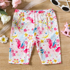 Toddler Girls Unicorn And Flowers Elastic Waist Biker Shorts