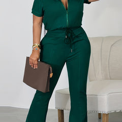 Plus Size Solid Short Sleeve Zipper Mock Neck Top & Drawstring Pants Outfit Set