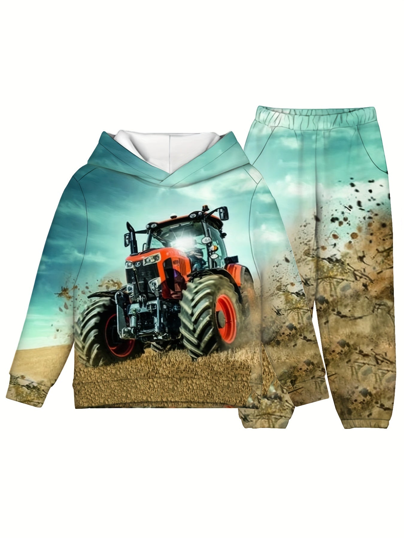 2pcs Boy's 3D Tractor Hoodie & Pants Set For Fall Winter