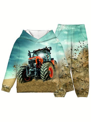 2pcs Boy's 3D Tractor Hoodie & Pants Set For Fall Winter