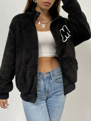 Fuzzy Jacket Zipper Lapel Long Sleeve Loose Outerwear