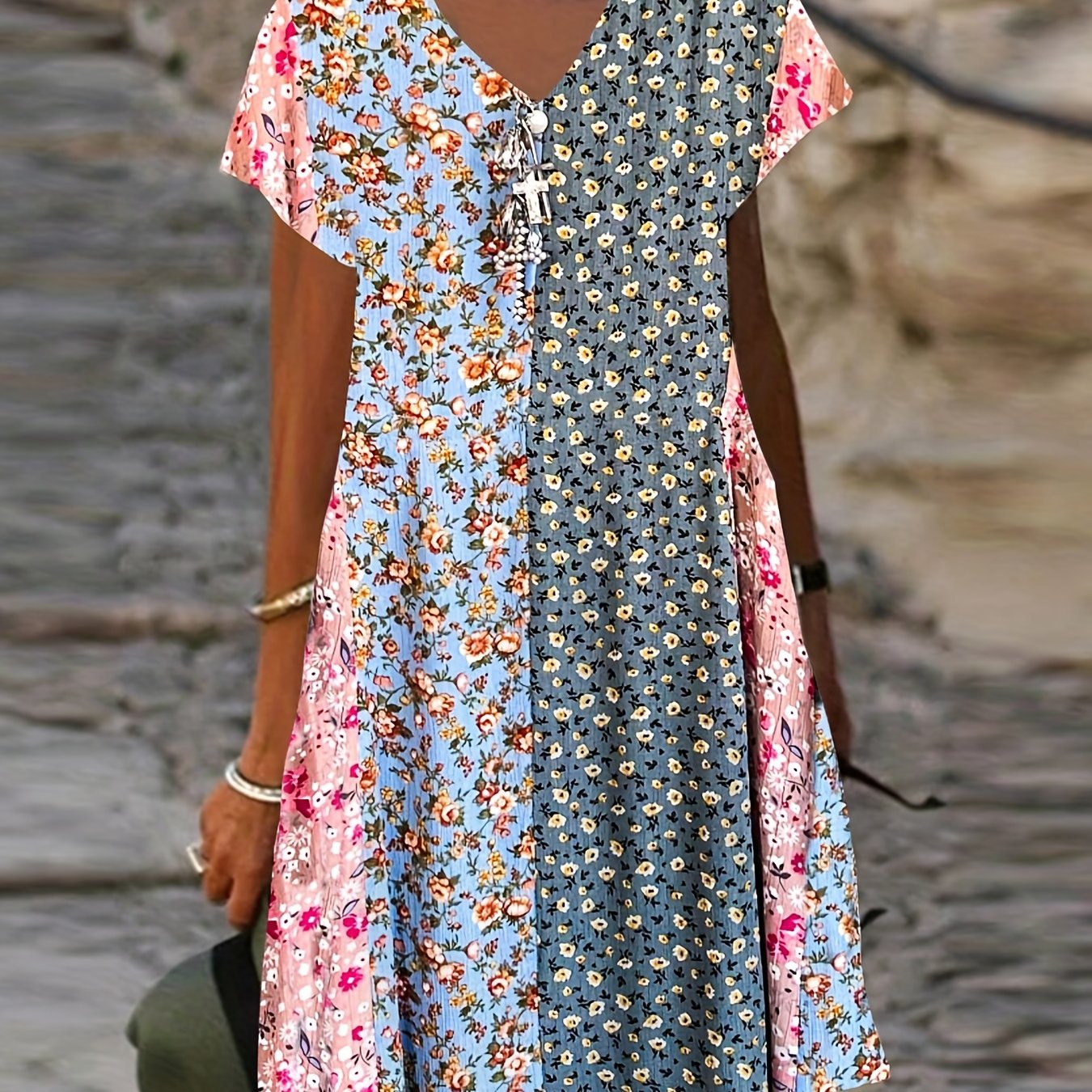 Boho Dress Women's Ditsy Floral Short Sleeve V Neck Dress