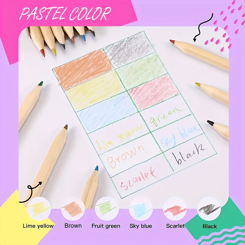 18 Mini Colored Pencils Box 6 Colors Lime Yellow Brown Sky Purple