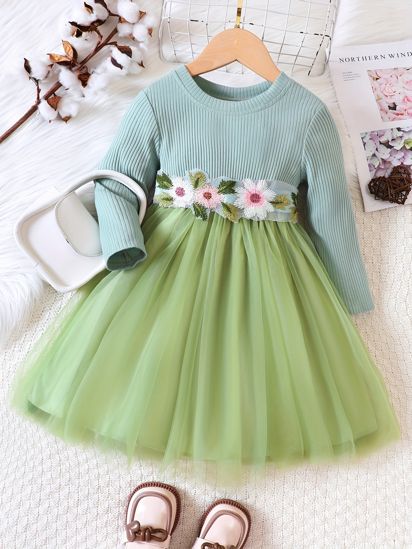 Girls Flowers Embroidered Belt Mesh Tutu Dress