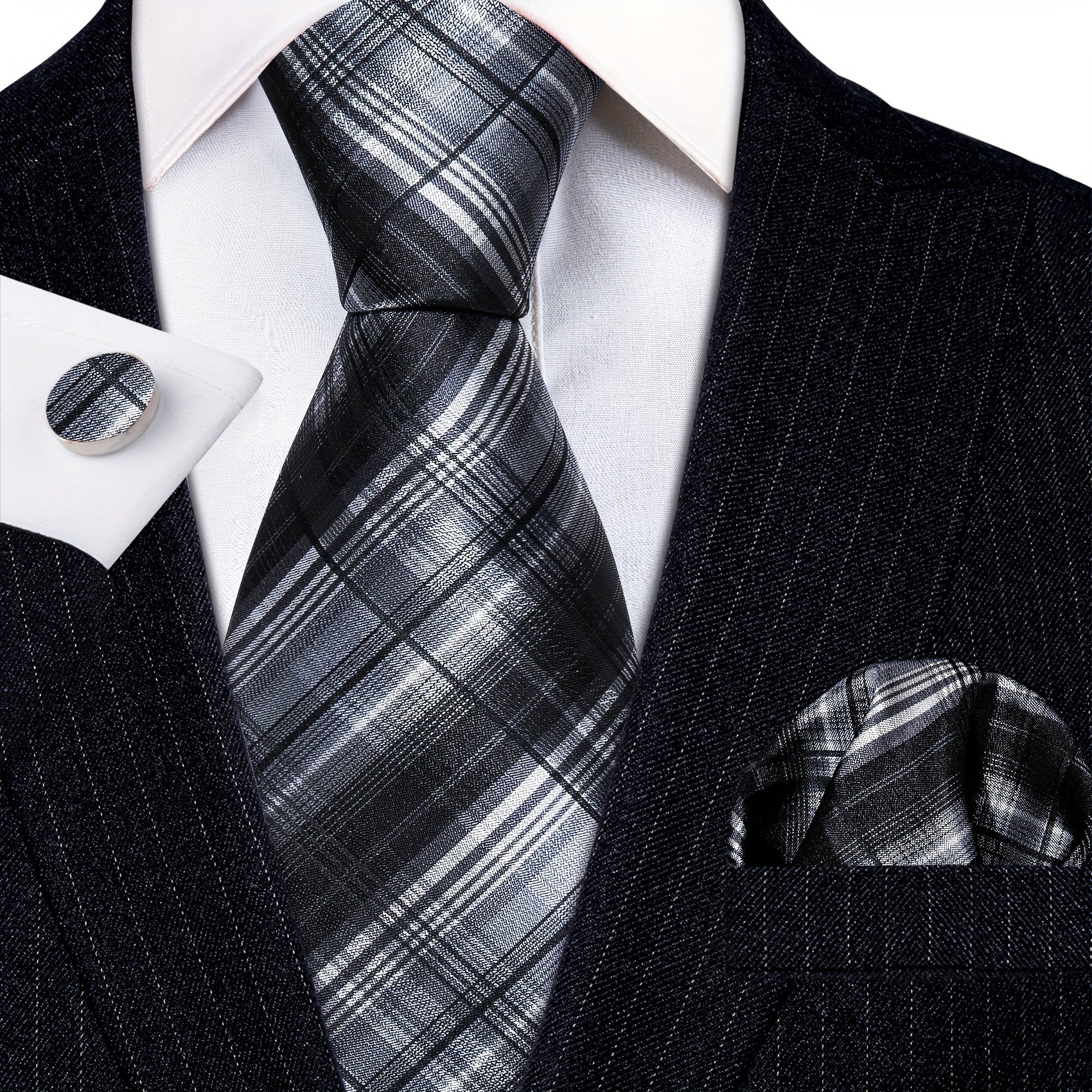Classic Men's Ties Striped Plaid Necktie Handkerchief Cufflinks