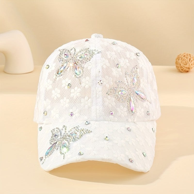 Lace Rhinestone Butterfly Baseball Cap Mesh Breathable Sports Hats Adjustable