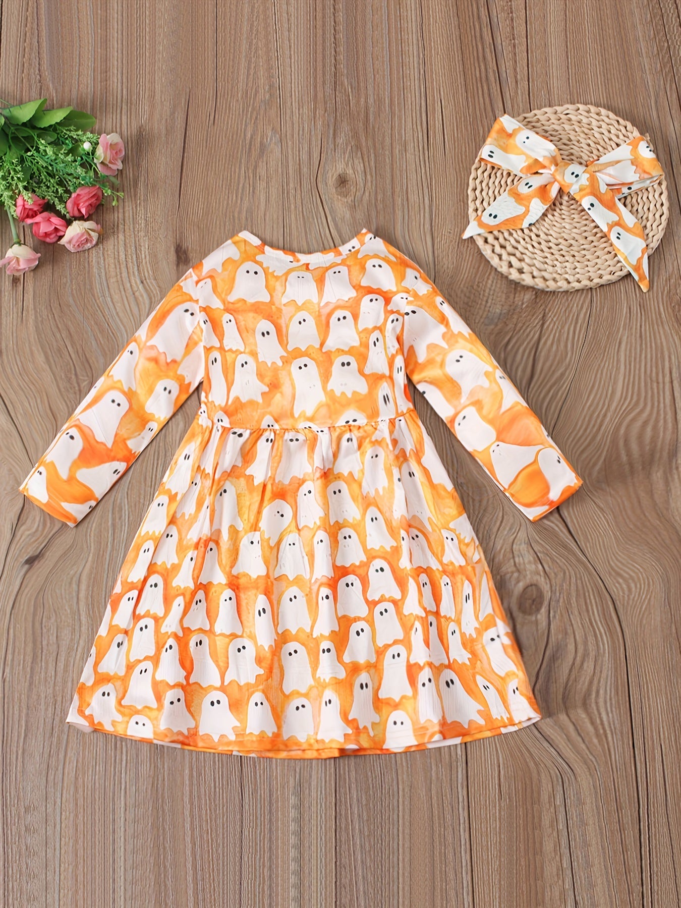 Girls Halloween Pumpkin Pattern Long-sleeved Dress Set