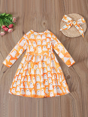 Girls Halloween Pumpkin Pattern Long-sleeved Dress Set
