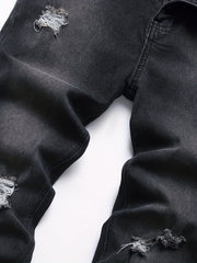 Slim Fit Ripped Cotton Jeans Men's Casual Street Style Solid Distressed