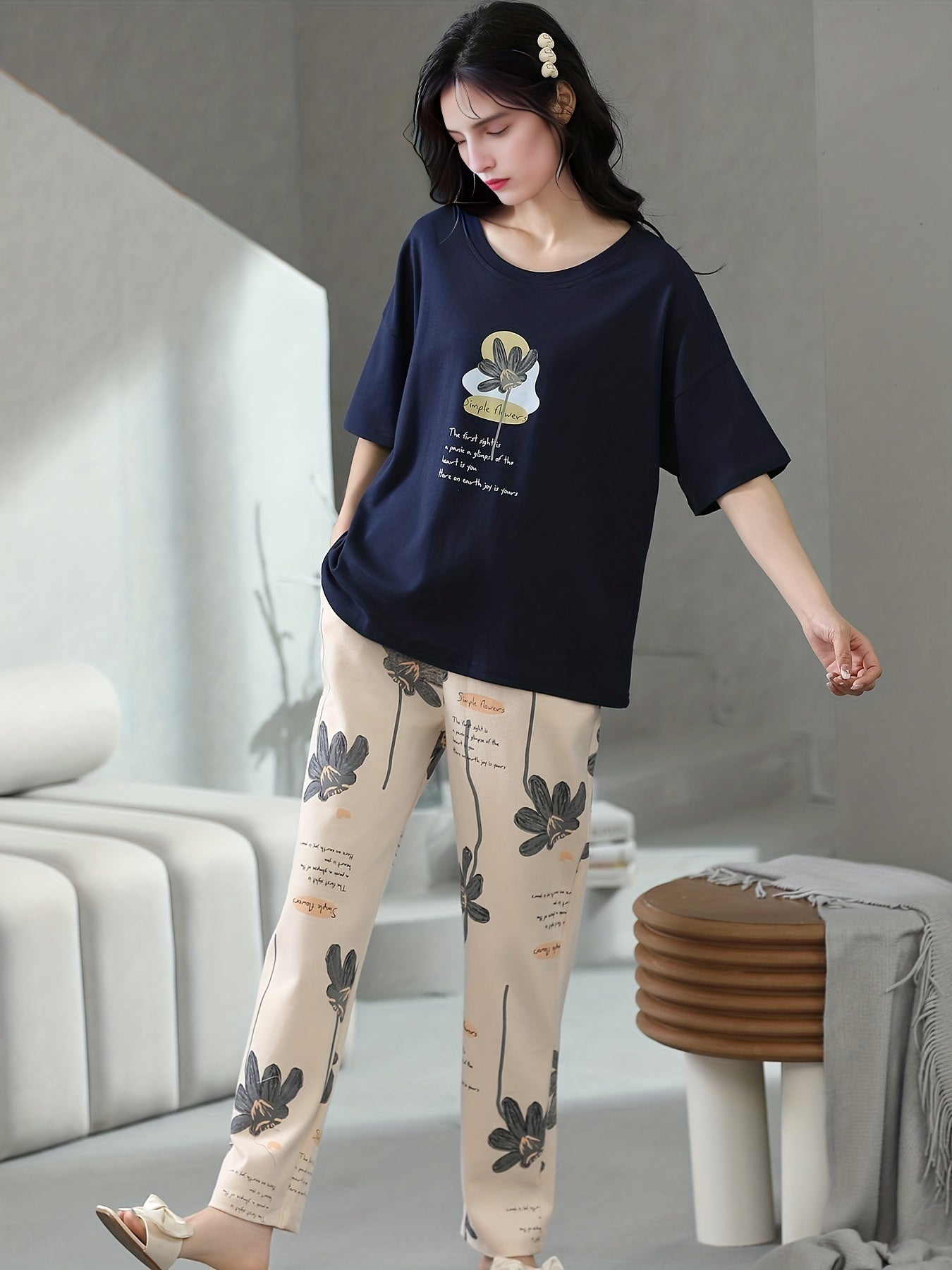 Floral Print Lounge Set Short Sleeve Top & Pants Women's Loungewear
