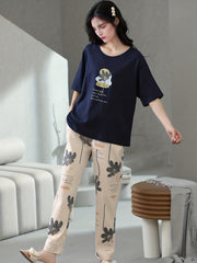 Floral Print Lounge Set Short Sleeve Top & Pants Women's Loungewear
