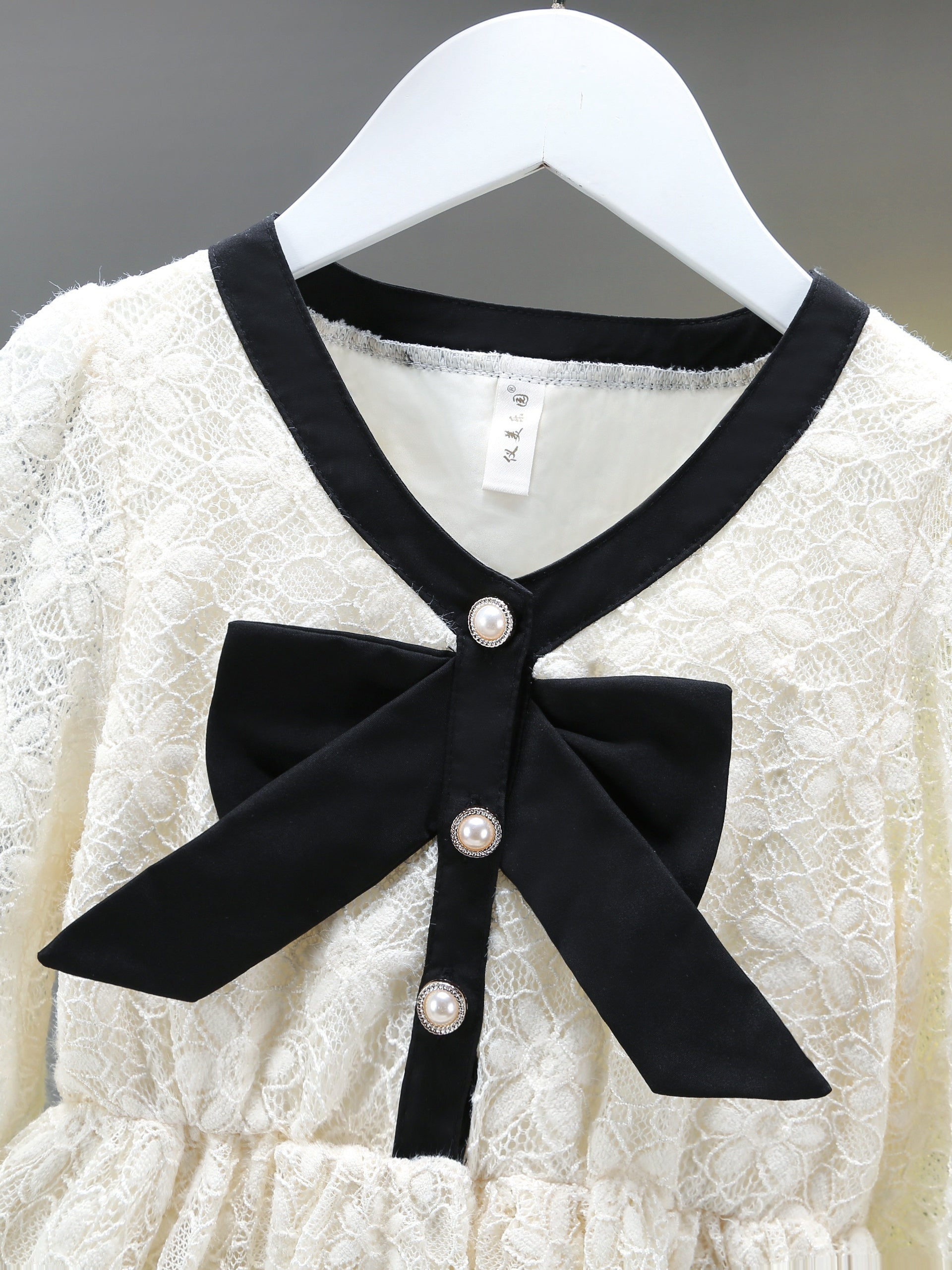 Floral Lace Dress with Bow Front Long Sleeve for Girls
