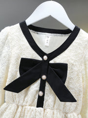 Floral Lace Dress with Bow Front Long Sleeve for Girls