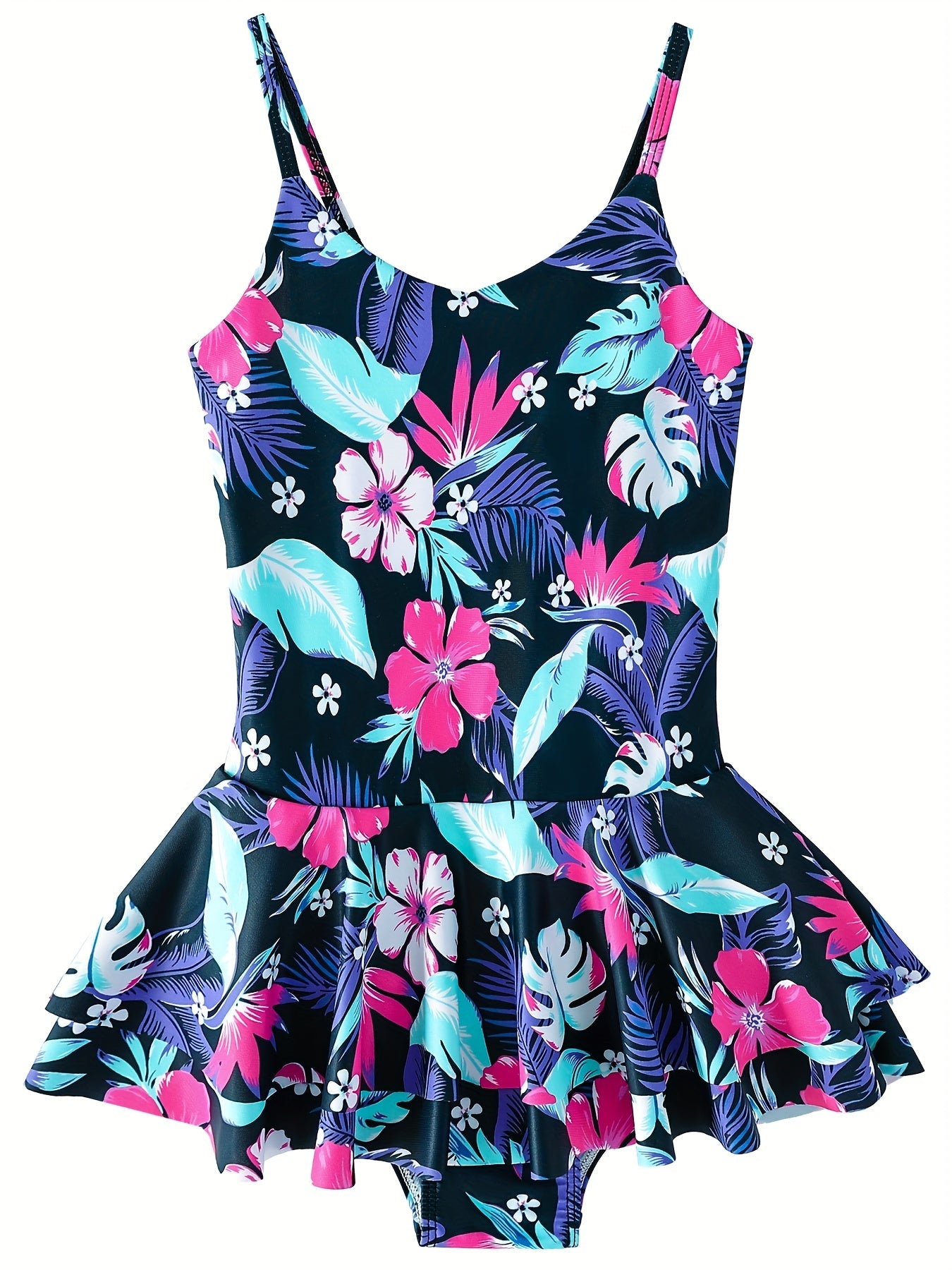 Girls' Floral & Leaves Print Swimsuit for Pool Parties
