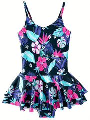 Girls' Floral & Leaves Print Swimsuit for Pool Parties