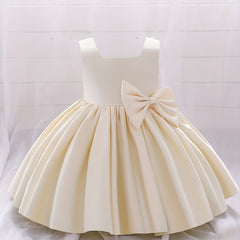Girls Cute Bow Pleated Gown Dress Sleeveless Baby First Birthday Baptism Dress