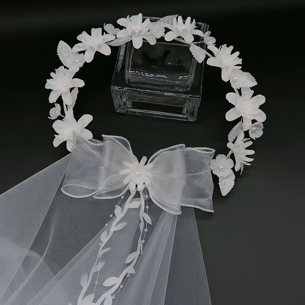 Bridal Veil Lace Bow Faux Pearl Accents for Weddings
