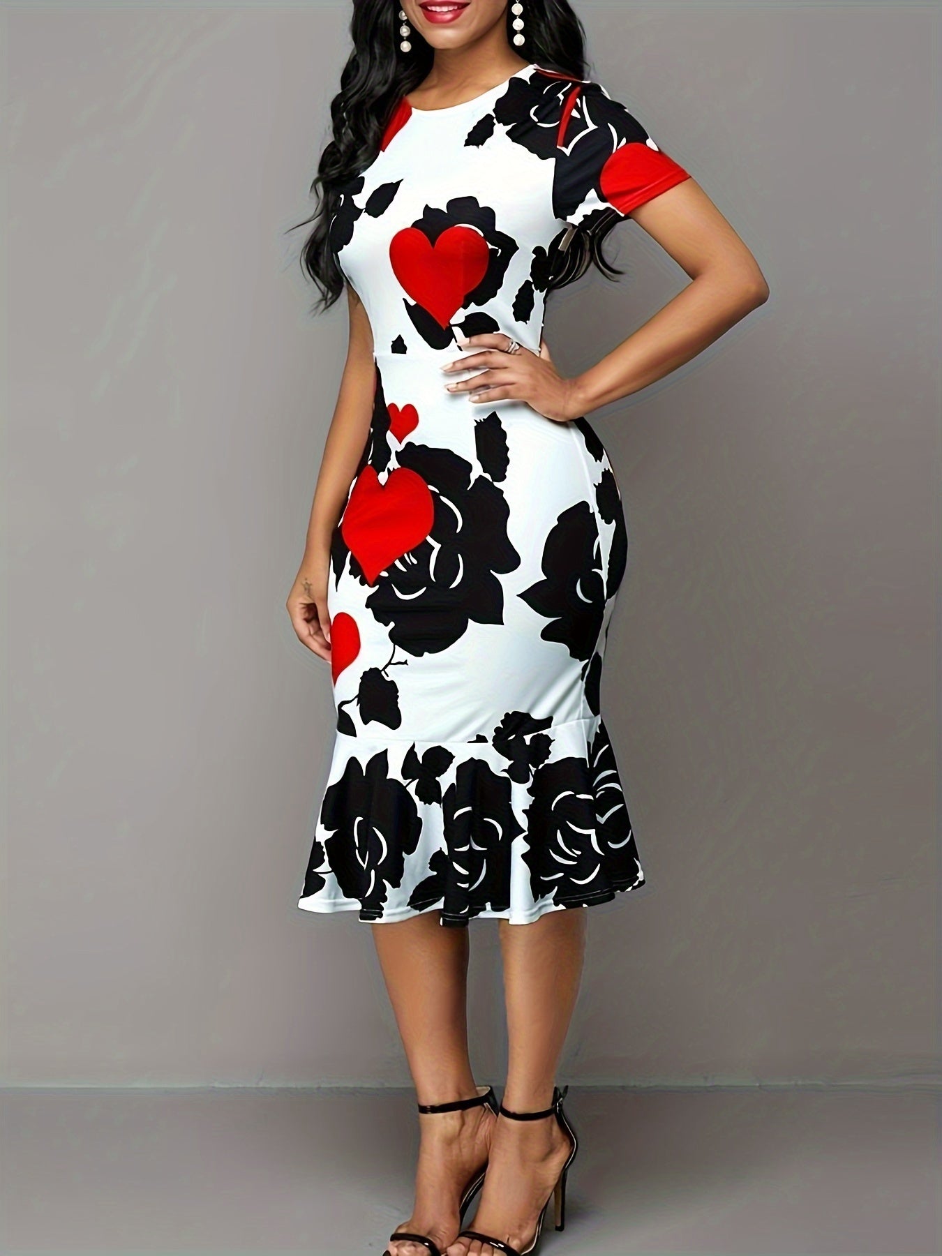 Women's Plus Floral & Heart Print Casual Dress Short Sleeve Round Neck