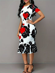 Women's Plus Floral & Heart Print Casual Dress Short Sleeve Round Neck