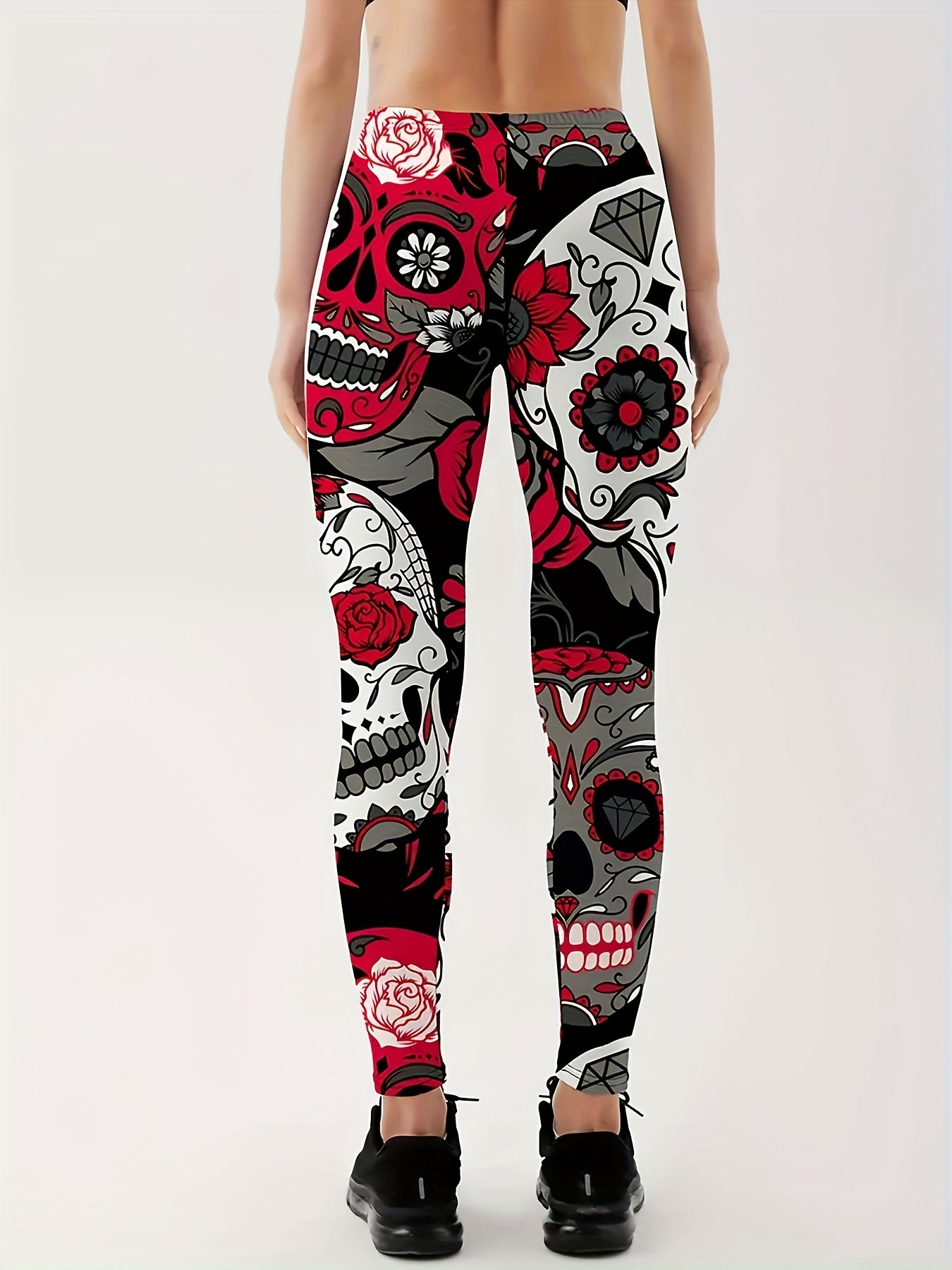 Halloween Leggings Women's Skull & Floral Print High Rise
