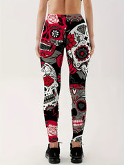 Halloween Leggings Women's Skull & Floral Print High Rise