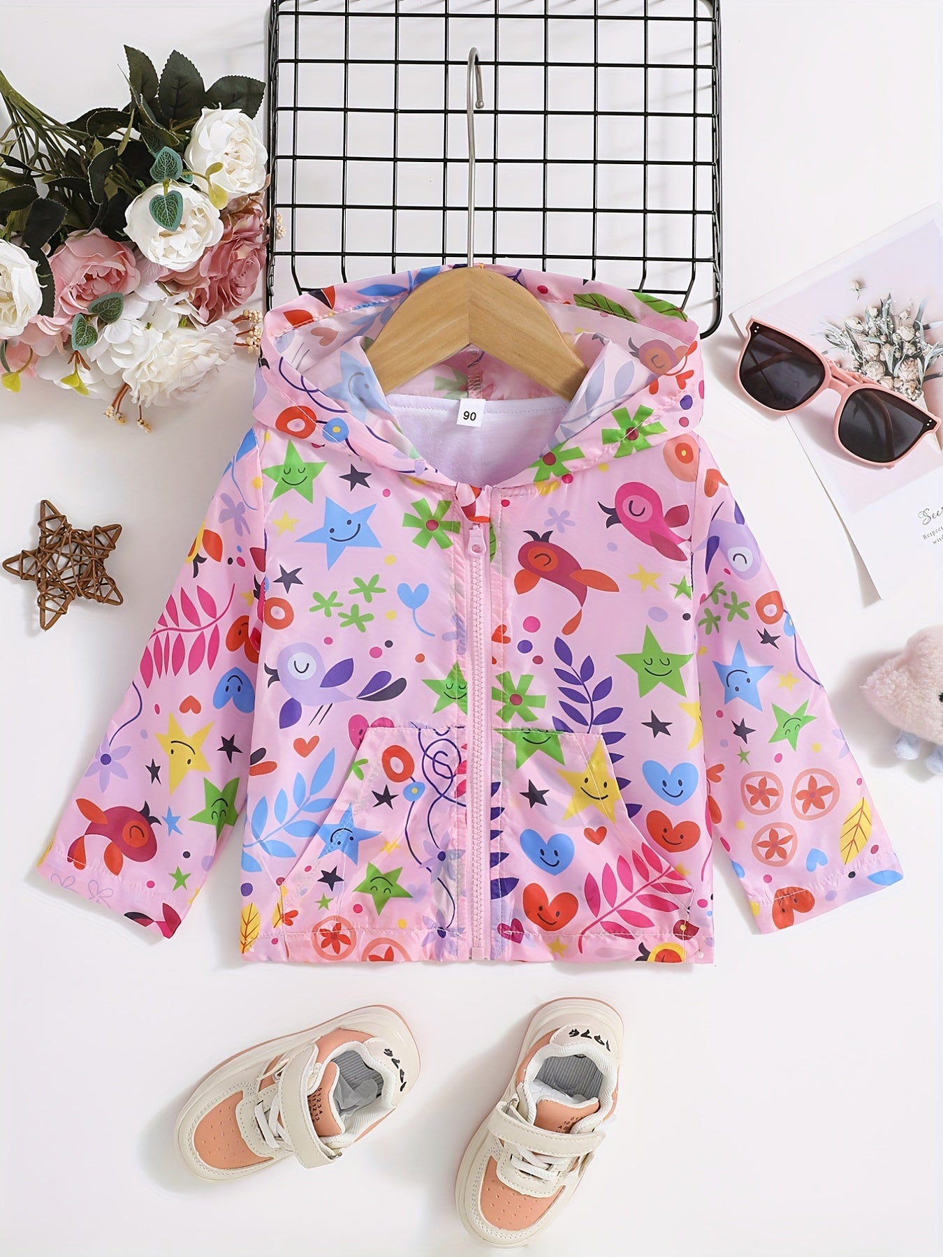 Girls' Floral Animal Print Zip Hooded Windbreaker Jacket Spring Fall