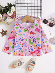 Girls' Floral Animal Print Zip Hooded Windbreaker Jacket Spring Fall