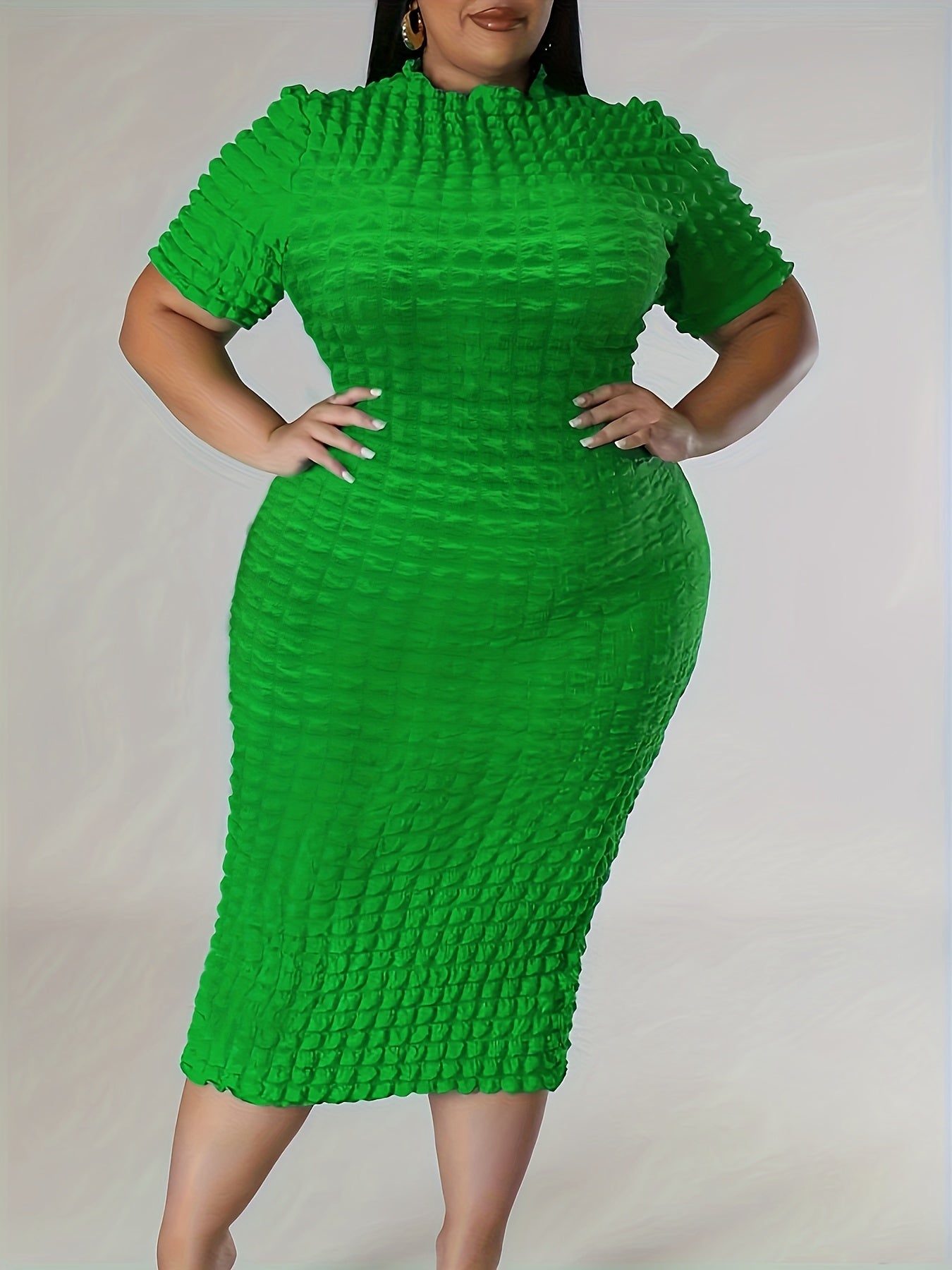 Plus Size Solid Textured High Neck Bodycon Dress