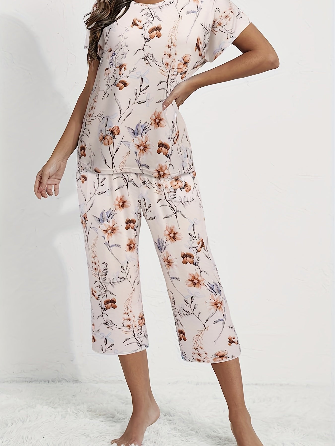Floral Print Short Sleeve Pajama Set for Women