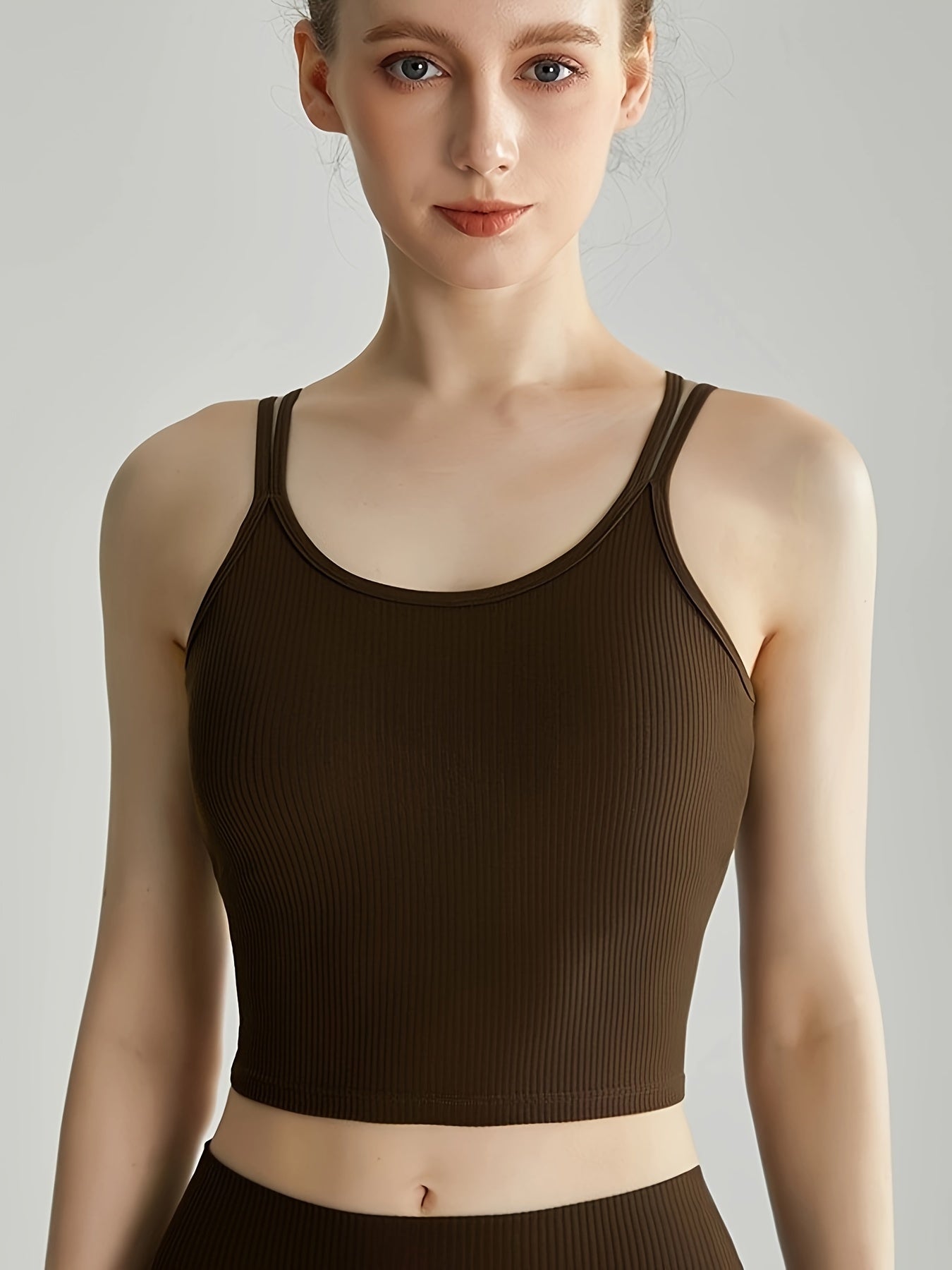Rib Knit Sports Top Round Neck Slim Fit Stretch Fitness Bra Women's Activewear