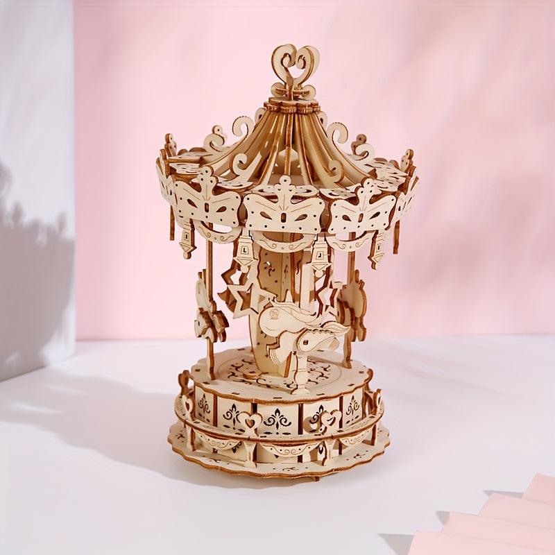 3D Wooden Carousel Jigsaw Puzzle DIY Assembly Model Creative Toy