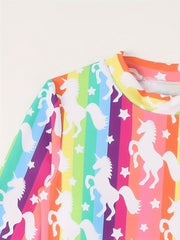 Girls Rainbow Stripped Long Sleeve Top Skirt Bathing Suit Set Swimwear