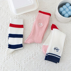 3 Pairs Striped Socks, Smiling Print, Comfy & Breathable, Mid Tube Stockings