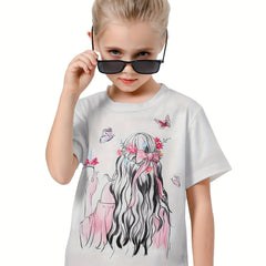 Cute 3D Cartoon Girl Crew Neck T-shirt for Girls