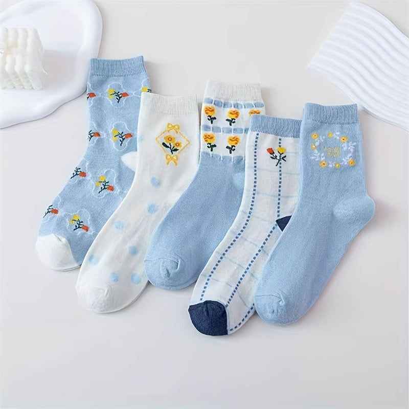 5 Pairs Floral Print Socks Comfy & Mid Tube Socks Women's Stockings
