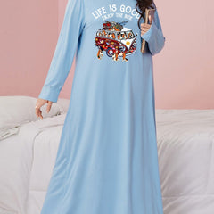 Plus Dogs & Truck Print Nightdress Round Neck Medium Loose Fit Sleep Dress