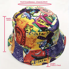 Vintage Graffiti Print Bucket Hat Hip Hop Casual Fisherman Cap
